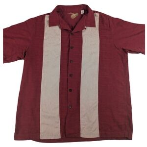 Caribbean Mens Silk Cotton Blend Camp Shirt Burgundy Red Palm Panels Large